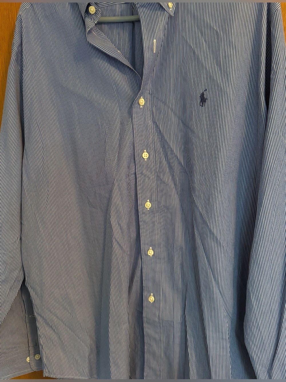 Polo Ralph Blue Cotton Striped Stretch Poplin Button-Down Shirt - Size Large - Picture 11 of 11